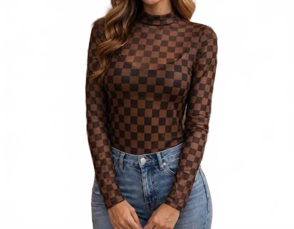 NEW YOUR FASHION WHOLESALE checkered mesh long sleeve top in brown